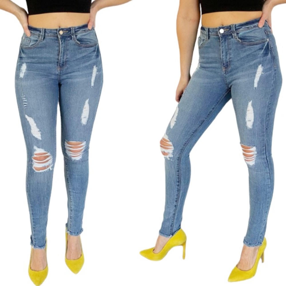 Missguided sinner high waist authentic skinny medium wash ripped jeans size 2